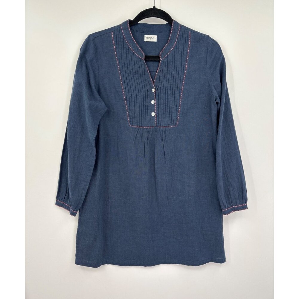Nomads Pintucked Tunic Henley Top Pockets Boho Peasant Cotton Navy Blue Size 8